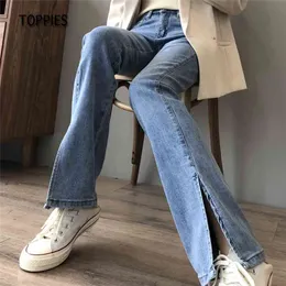 Jeans Mujer Coreana Cintura alta Slim Straight Denim Pantalones Side Split Streetwear 210421