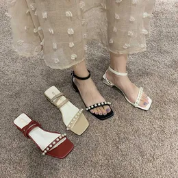 Block Heels All-Match 2021 Summer Roman Sandals Black Shoes for Women Buckle Strap Med Chunky Gladiator Beige Pearl Girls New Co Y0608