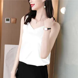 Koreańska koszula damska bluzki dla kobiet bez rękawów satyna satyna żeński top biała bluzka w dekolcie kobieta Podstawowa 210604