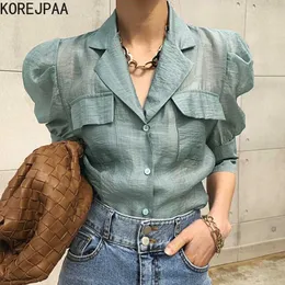 Korejpaa Women Shirt Summer Lightly Cooked Lapel Single-Breasted Casual Micro-Permeable Pocket Puff Sleeve Sunscreen Blouse 210526