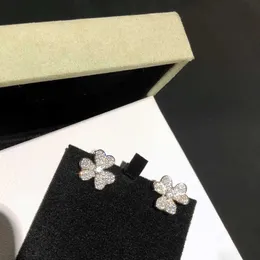 Hot Brand Pure 925 Sterling Silver Earrings 3 Leaf Clover Flower Full Diamond Stud White Gold 925