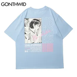 Gonthwid Tshirts Streetwear Harajuku Casual Mężczyźni Cartoon Anime Dymienie Dziewczyna Drukuj Krótki Rękaw Bawełniane Koszulki Hip Hop Tees Topy 210716