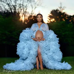 Afrikanisches hellblaues Umstandskleid für Fotoshooting oder Babyparty, Rüschen-Tüll, schickes Damen-Abschlussballkleid, Rüschen, lange Ärmel, Fotografie-Robe, Party-Kleider