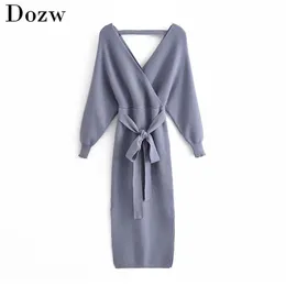 Casual Sexy Sweater Long Dress Women Elegant Batwing Sleeve Sashes Party Side Split Backless Solid es Vestidos 210515