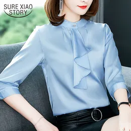 Plus Size Femal Blue Senhoras Tops Blusa Botão Três Botão Mulheres Sólidas Camisas 2885 50 210417