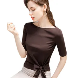 Solidna kolor T-shirt Kobiety Lato Styl Plus Size Pół Rękaw Black Hem Bow Tie Strap One-Ramię Top Feminina LR1089 210531