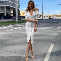 Deat Wiosna Lato Biały Sexy Half Half Sleeve V Neck High Paist Single Breasted Przyciski Slim Long Dress Women MG470 210709