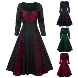 Women Plus Size Halloween Skull Lace Insert Mock Button Bowknot Dress Gothic Vintage Patchwork Goth Casual Dresses