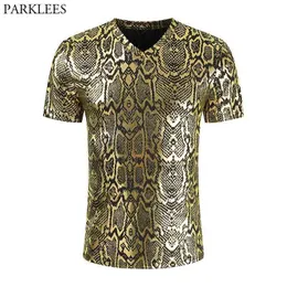 Sexy Snake Pattern Gold Metallic T-shirt Men S Sleeve Slim Fit V Neck T Shirts Mens Nightclub Party Prom Stage Clothing 3XL 210522