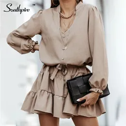 Southpire A-Line V-Neck Short Ruffle Mini Summer Dres Pulsante anteriore Front Fashion Streetwear Abiti Casual Signore Vestiti giornalieri 210623