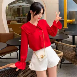 Autumn Korea Fashion Women Long Sleeve Double-layer Collar Ruffles Shirts Ladies Tops Sweet Slim Chiffon Blouses S135 210512