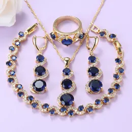 Boucles d'oreilles collier ensemble de bijoux africains pour femmes mariage couleur or Costume bleu cubique zircone longue et Bracelet anneau mariée