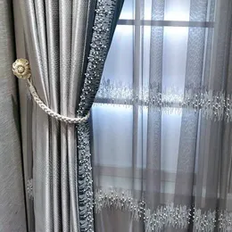 Modern Luxury Silver Grey Blackout Curtain Bead Lace Stitching High-End Curtain Custom för vardagsrum Sovrum Drapes Blinds # 4 210712