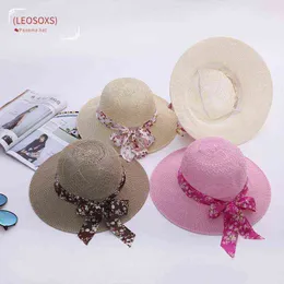 (Leosox) 2021Summer flickor Sun hattar bred Brim Bowknot Straw Hat med band Utomhus Solskydd Kvinnor Hattar Ladies Panama Caps G220301