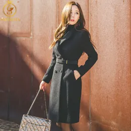 Kobiety Zima Czarny Długi Wełniany Płaszcz Streetwear Ladies Trench Koreański Moda Kobiet Odzież Winbreak Bezpłatny pas 210520