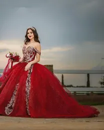 Elegant Red Sweetheart Ball Gown Quinceanera Dresses Off The Shoulder Court Train Appliques Plus Size Prom Party Wears For Sweet 15 16 Vestidos De