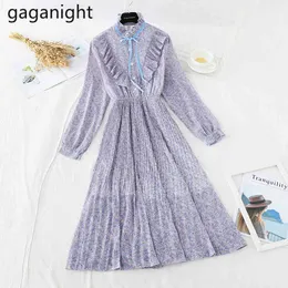 Gaganight mode japansk anbud blommig pirnt solid klänning sommar kvinnlig ruffled krage slim chiffon ruffles vestidos 210519