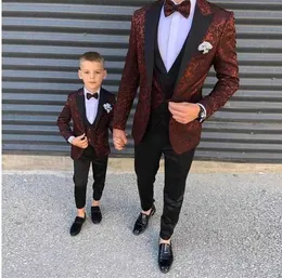 2021New Burgundia Wzór Boy Mens Garnitury Slim Fit Fit Wedding Grooms Tuxedos Peaked Lapel Formalny Blazer Kid Prom Suit (Kurtka + Spodnie X0909