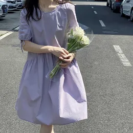 Hxjjp sommar lila minimalistisk högmånad koreansk version lös klänning kortärmad avslappnad elegant 210607