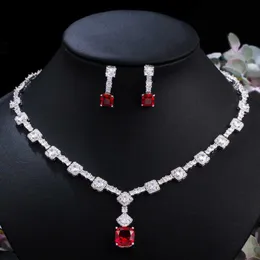 CWZIrcins Chic Okrągły i Kwadratowy Cut Red Cubic Cyrkonia Kobiety Wesele Biżuteria Zestaw Elegancki Naszyjnik Kolczyk Do Brides T454 H1022