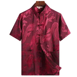Dragon Print Shirt Mens Kinesisk stil Casual T Shirts Män Kung Fu Uniform T-shirt Mandarin Collar Kortärmad Tang Suit Camisas 210524
