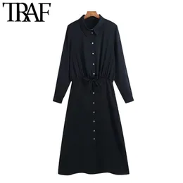 Women Chic Fashion With Drawstring Pleated Midi Shirt Dress Vintage Long Sleeve Button-up Female Dresses Mujer 210507