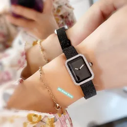 Brand Black Magnet Mesh Watch Luxury Full Crystal Wrist Watch Fashion Rectangle Quartz Wristwatch Clock Women BoyFriend Watches