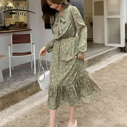 Vestidos Spring Long Sleeve Chiffon Dress Printing Women High Waist Elasticity A-line Lady' 8635 50 210417