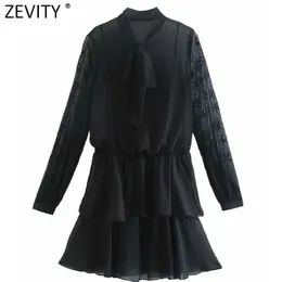 Zevity Women Elegant Lace Sleeve Patchwork Cascading Ruffle Black Mini Dress Chic Female Bow Tied Casual Vestido DS4972 210603