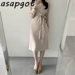 드레스 붕대 기질 우아한 긴 가을 둥근 목 전체 슬림 허리 높은 솔리드 ol a line vestidos 플러스 사이즈 여성 Asapgot 210429