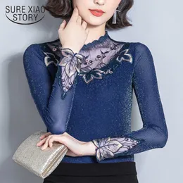 Blusas Mujer de Moda 여성 가을 ​​/ 겨울 긴팔 트림 레이스 수 놓은 메쉬 짧은 탑 얇은 여성 셔츠 7756 50 210528