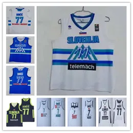 2021 Uomini Luka 77 Doncic Slovenia Maglie da basket Blu Bianco Sticthed 7 Doncic Euroleague Champion Camicie Taglia S-XXL