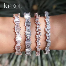 Rakol Fashion Baguette Aaa Cubic Zirconia Cuff Bracelet Bangle for Man Women Copper Base Gold Color Thick Jewelry Q0717