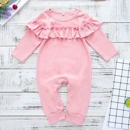 2021 Baby Girls Clothes Spring Autumn Fashion Children Girl Rompers Lotus Leaf Pleated Pit Stripe Solid Color Onesie Kids Clothings