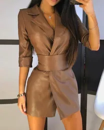 Mode kvinnor höst sexig vanlig långärmad PU-läder blazer klänning dam fall skinny solid mini klänning bodycon klänning outwear 210415