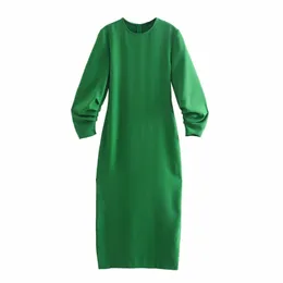 Slim Women Knitted Fold Decoration Midi Dress Spring Fashion Ladies Draw Back Female Elegant High Waist 210515