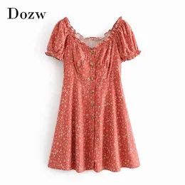 Mujeres dulce estampado floral mini vestido mariposa manga corta dama vestidos casuales volantes sin espalda una línea vestido vestido 210414