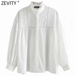 Zevity Women Sweet Agaric Lace Camicia Kimono allentata bianca Lady Lantern Sleeve Hollow Camicetta Roupas Chic Femininas Top LS7397 210603