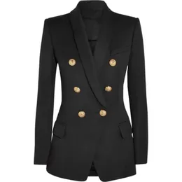 高品質のファッションデザイナーブレザー女性の長袖二重抽選メタルボタンShawl Colアウタージャケット211006