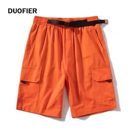 Sommar Mäns Orange Pocket Cargo Shorts Baggy Bomull Linet Andas S Jogger Beach Kort Bälte Byxor 8xl 210714