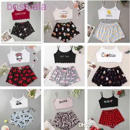 Roupas femininas de trajes sexy de tilhas de desenhos animados impressos de duas peças suspensor de designer tops sem alças