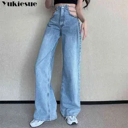 Streetwear Side Cross Chain Hollow Out Wide-Ben Women's Jeans High Waist Byxor Sexig Elegant Ladies Europe Fashion Woman 210922