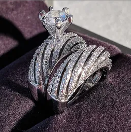 Choucong Brand Wedding Rings Luxury Smycken 925 Sterling Silver Round Cut Vit Topaz Pave Zircon CZ Diamond Gemstones Party Women Bridal Couple Ring Set Present
