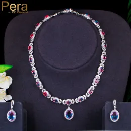 Pera Glänzender Regenbogen Oval CZ Zirkon Anhänger Hochzeit Schmuck Sets Braut Halskette Ohrringe für Frauen Kostüm Party Schmuck J415 H1022