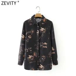 Zevity Mulheres Vintage Digitalimagem Impressão Casual Camisa Peito Camisa Feminina Manga Longa Blusa Roupas Chic Chamise Tops LS9064 210603