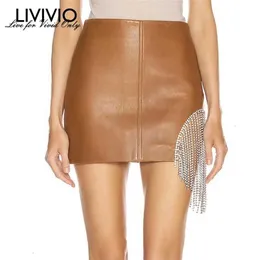 [LIVIVIO] Asymmetrical Crystal Tassel PU Leather Mini Skirts For Women High Waist A Line Skirt Female Autumn Streetwear 210330