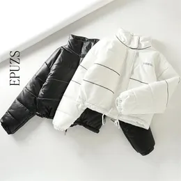 Kurtka zimowa Kobiety Bombowiec Czarny White Stripe Odbijający Park Koreański Moda Gruba Płaszcz Odzież 210521