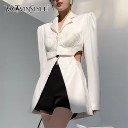 TWotyle White Casual Blazer dla kobiet Notched Z Długim Rękawem Hollow Out Korean Proste Blazers Kobieta Wiosna Moda 211006