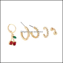 Ohrstecker Schmuck Retro Roter Kristall Kirschkreis C-förmiger Diamant Perlen Ohrtropfen Frauen Geometrische Legierung Business Stil Ohrring Sets Del