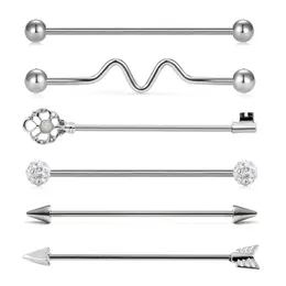 Stainless Steel Geometric Body Jewelry 6 in 1 Long Industrial Barbell Ear Cartilage Helix-Conch Piercing Bar Earrings Stud